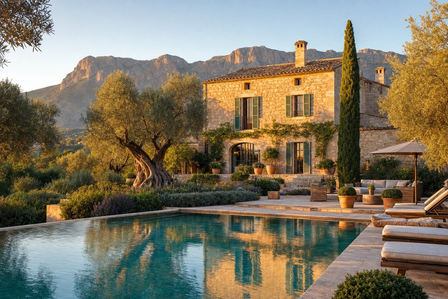 Luxury rustic Mallorcan stone finca with infinity pool and Tramuntana mountains at golden hour